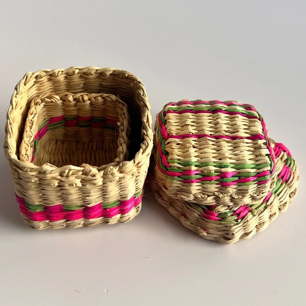 Vintage Miniature Woven Straw Trinket Baskets Set of 2 Boho Folk Art Boxes
